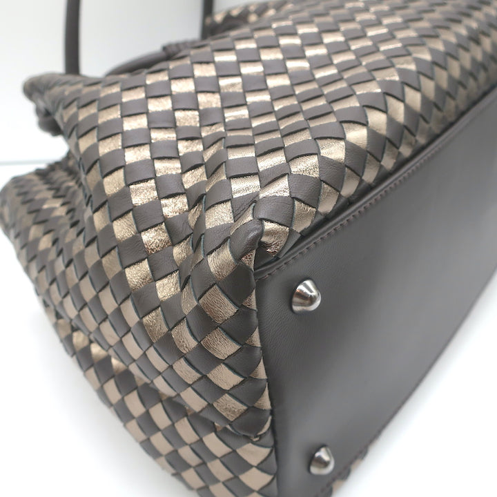 Bottega Giotti Woven Medium Shoulder Bag Gold Metallic &amp; Brown Leather NEW