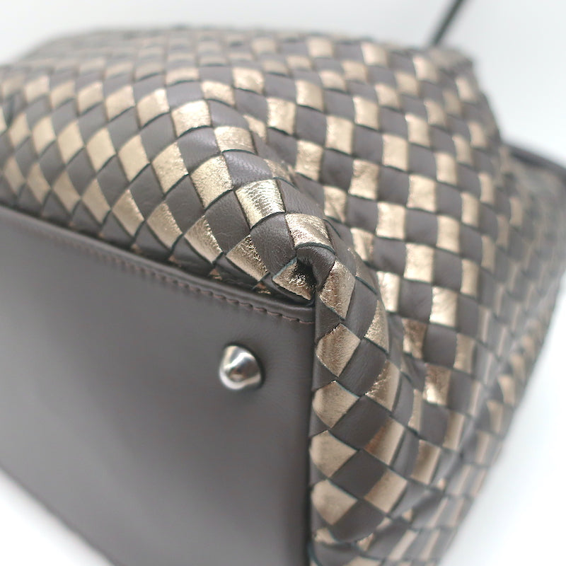 Bottega Giotti Woven Medium Shoulder Bag Gold Metallic &amp; Brown Leather NEW