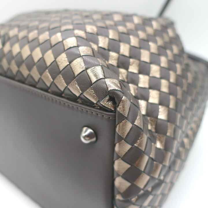 Bottega Giotti Woven Medium Shoulder Bag Gold Metallic &amp; Brown Leather NEW