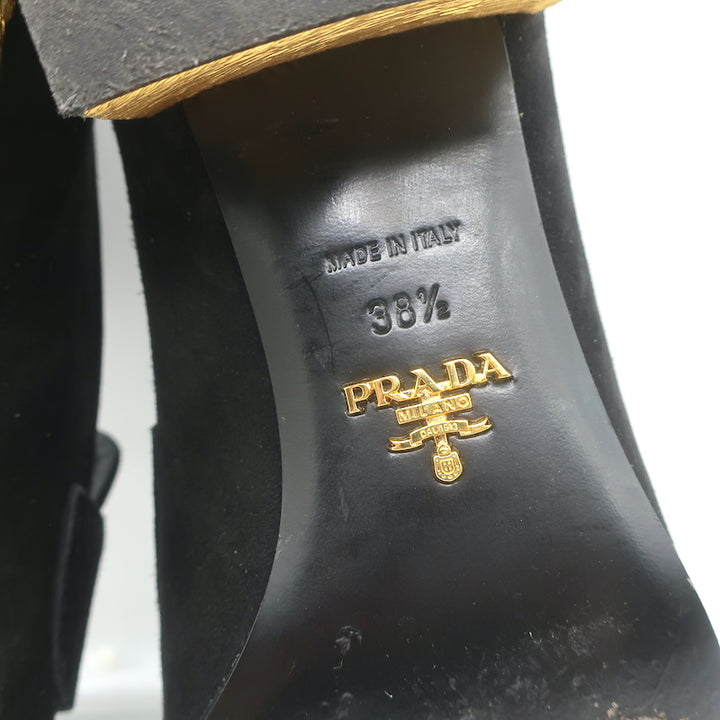 Prada Jewel-Heel Penny Loafer Pumps Black Suede Size 38.5