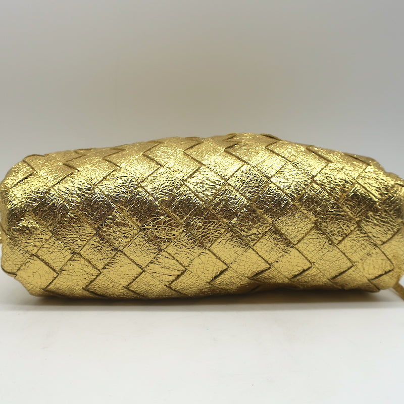 Bottega Veneta Mini Pouch Crossbody Bag Gold Metallic Crinkled Leather NEW