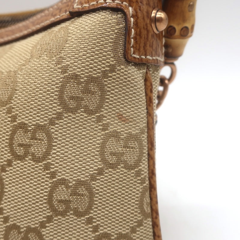 Gucci Bamboo Chain Strap GG Monogram Canvas Pochette Beige Small Shoulder Bag