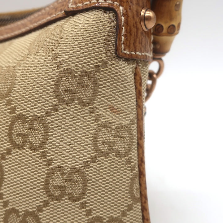 Gucci Bamboo Chain Strap GG Monogram Canvas Pochette Beige Small Shoulder Bag