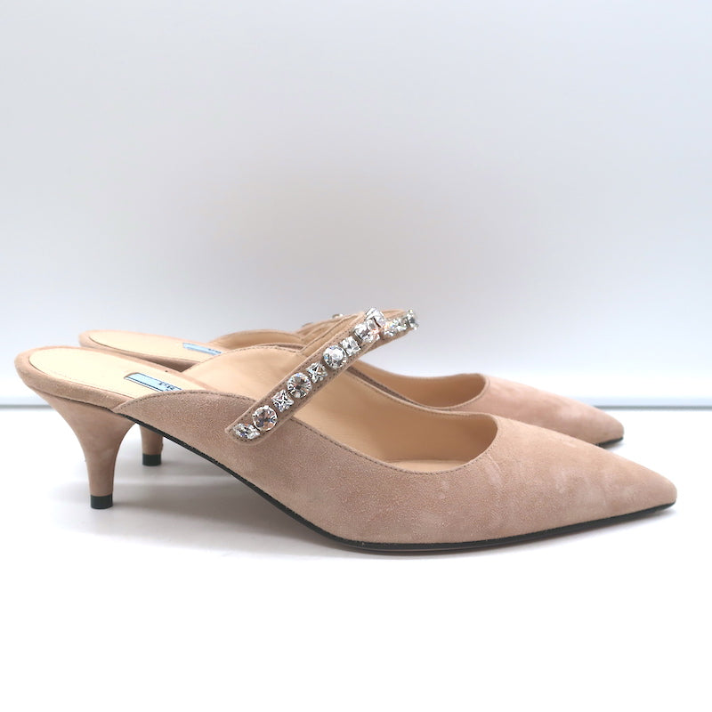 Prada Crystal Strap Mules Beige Suede Size 38 Pointed Toe Kitten Heel Pumps