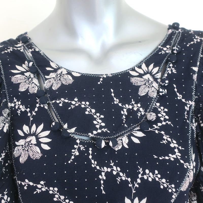 SEA Ruffle Blouse Tatiana Navy Floral Print Cotton Size 0 Flutter Sleeve Top