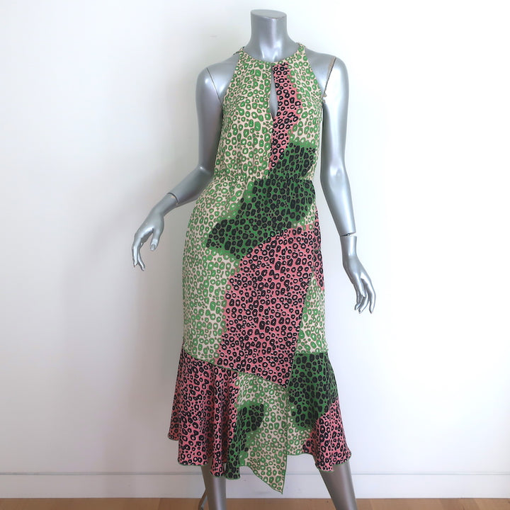 Derek Lam 10 Crosby Leopard Patchwork Asymmetric Midi Dress Green Crepe Size 2