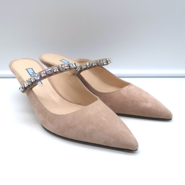 Prada Crystal Strap Mules Beige Suede Size 38 Pointed Toe Kitten