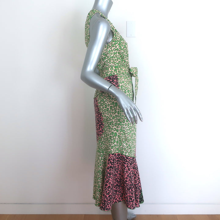 Derek Lam 10 Crosby Leopard Patchwork Asymmetric Midi Dress Green Crepe Size 2