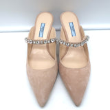 Prada Crystal Strap Mules Beige Suede Size 38 Pointed Toe Kitten Heel Pumps