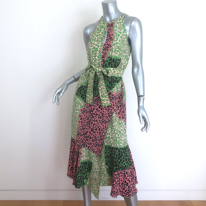 Derek Lam 10 Crosby Leopard Patchwork Asymmetric Midi Dress Green Crepe Size 2