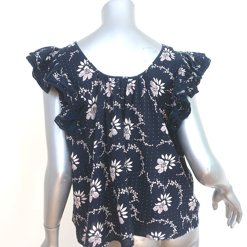 SEA Ruffle Blouse Tatiana Navy Floral Print Cotton Size 0 Flutter Sleeve Top