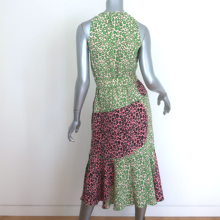 Derek Lam 10 Crosby Leopard Patchwork Asymmetric Midi Dress Green Crepe Size 2