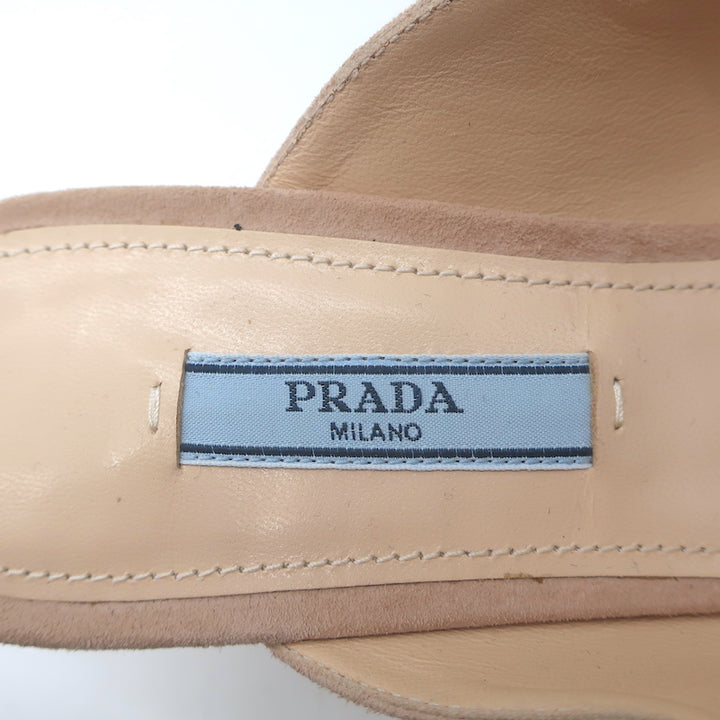 Prada Crystal Strap Mules Beige Suede Size 38 Pointed Toe Kitten Heel Pumps