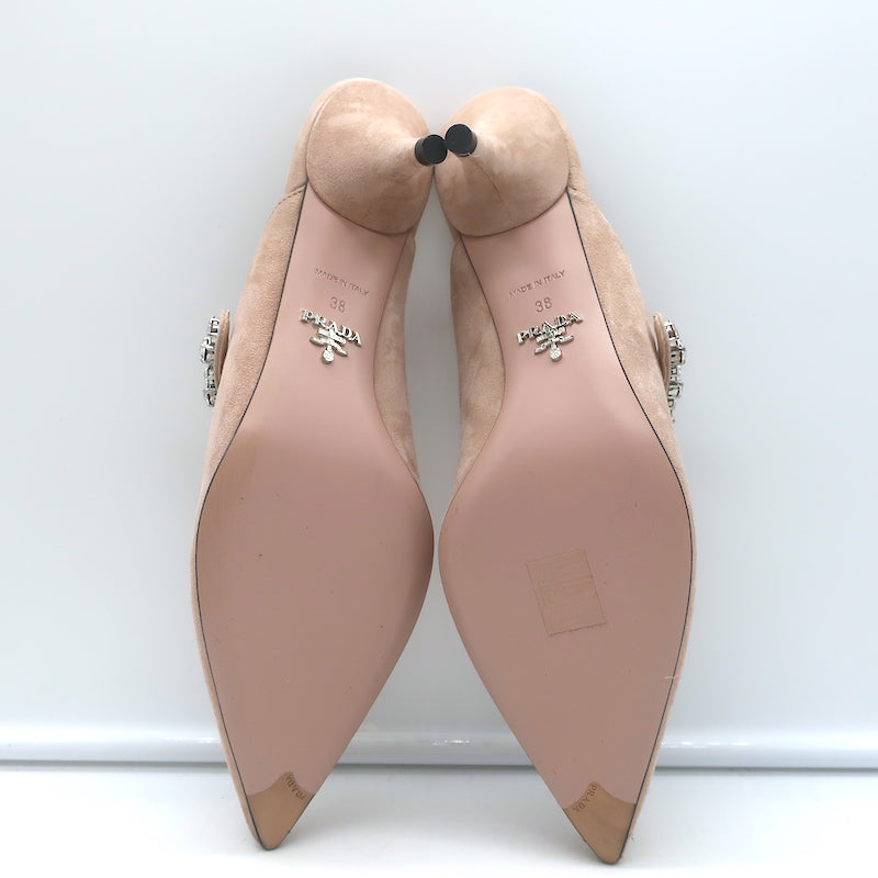 Prada Crystal Strap Mules Beige Suede Size 38 Pointed Toe Kitten Heel Pumps