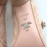 Prada Crystal Strap Mules Beige Suede Size 38 Pointed Toe Kitten Heel Pumps
