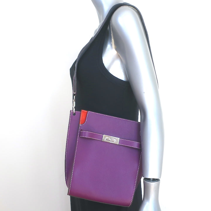 Tory Burch Lee Radziwill Double Bucket Bag Purple Leather Medium Crossbody