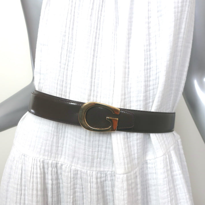 Gucci G Buckle Reversible Belt Dark Brown &amp; Beige Patent Leather Size 80 US 32
