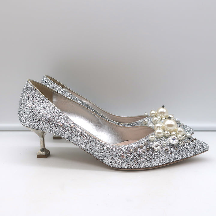 Miu Miu Pearl &amp; Crystal-Embellished Low-Heel Pumps Silver Glitter Size 38