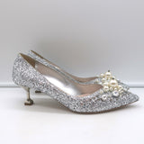 Miu Miu Pearl & Crystal-Embellished Low-Heel Pumps Silver Glitter Size 38