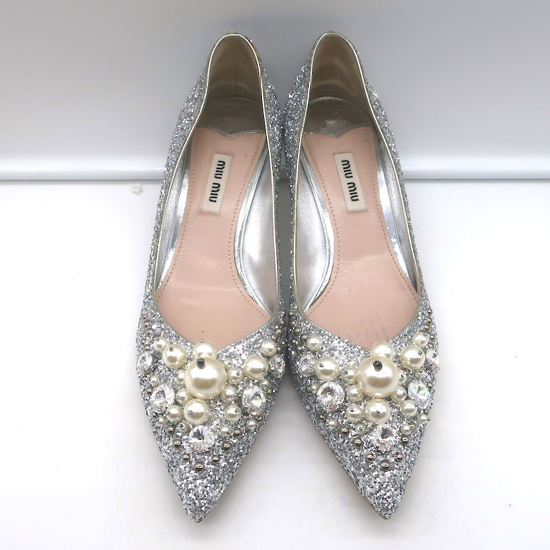 Miu Miu Pearl &amp; Crystal-Embellished Low-Heel Pumps Silver Glitter Size 38