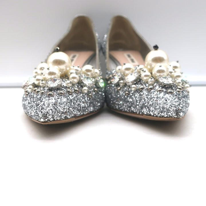 Miu Miu Pearl &amp; Crystal-Embellished Low-Heel Pumps Silver Glitter Size 38