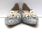 Miu Miu Pearl & Crystal-Embellished Low-Heel Pumps Silver Glitter Size 38
