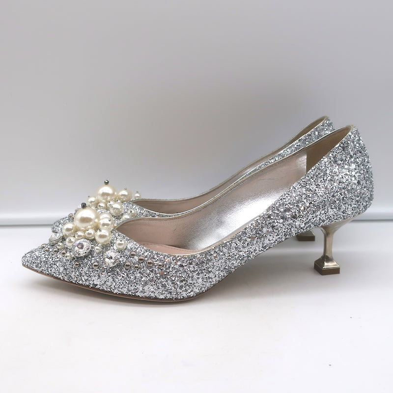 Miu Miu Pearl &amp; Crystal-Embellished Low-Heel Pumps Silver Glitter Size 38