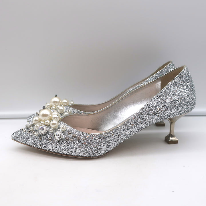 Miu Miu Pearl &amp; Crystal-Embellished Low-Heel Pumps Silver Glitter Size 38