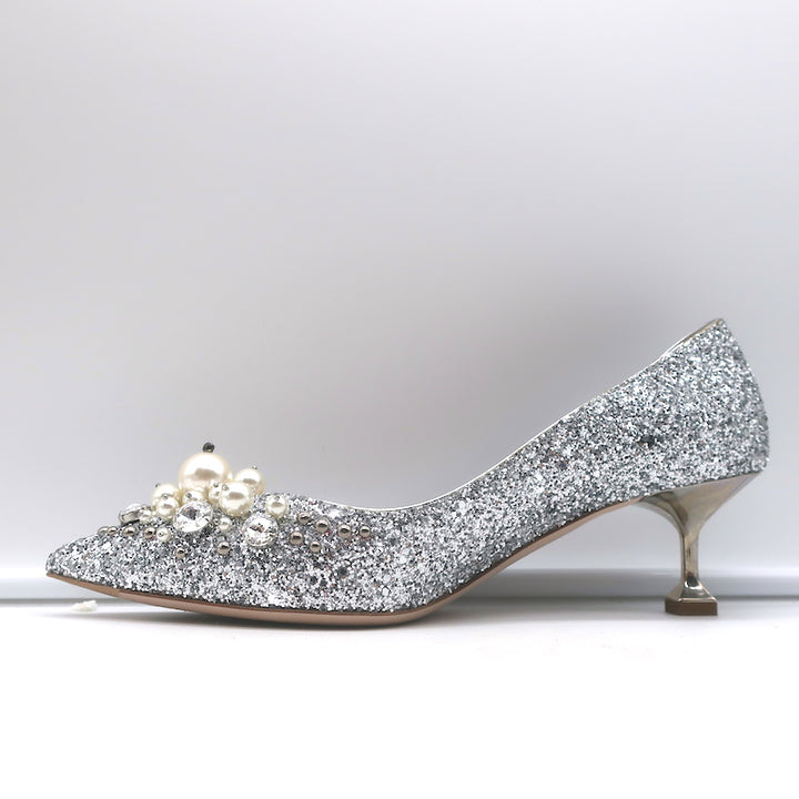 Miu Miu Pearl &amp; Crystal-Embellished Low-Heel Pumps Silver Glitter Size 38
