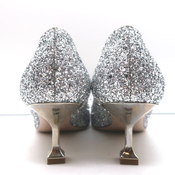 Miu Miu Pearl &amp; Crystal-Embellished Low-Heel Pumps Silver Glitter Size 38