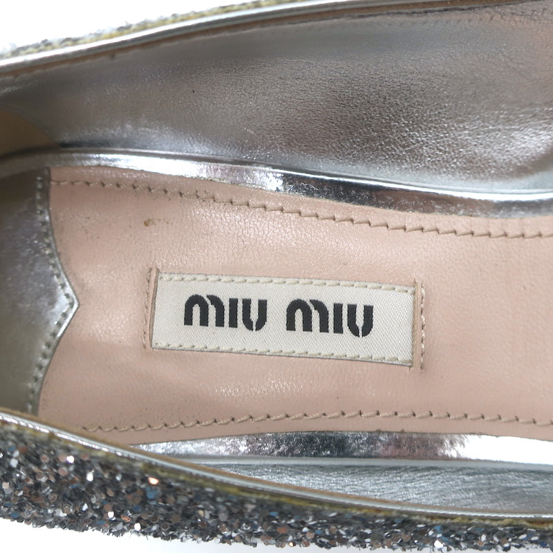Miu Miu Pearl &amp; Crystal-Embellished Low-Heel Pumps Silver Glitter Size 38