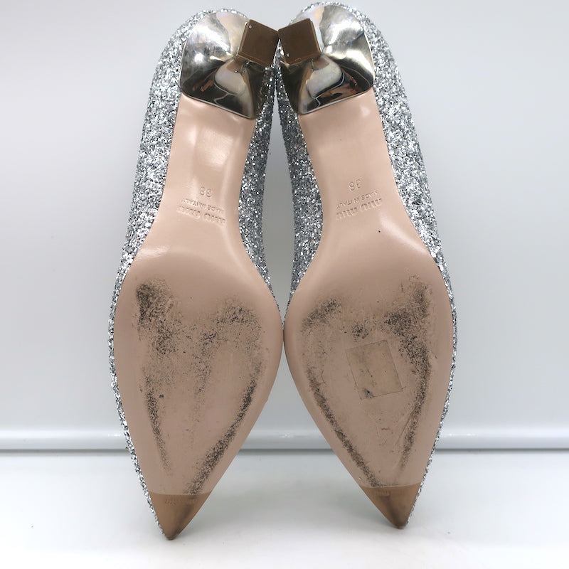 Miu Miu Pearl &amp; Crystal-Embellished Low-Heel Pumps Silver Glitter Size 38