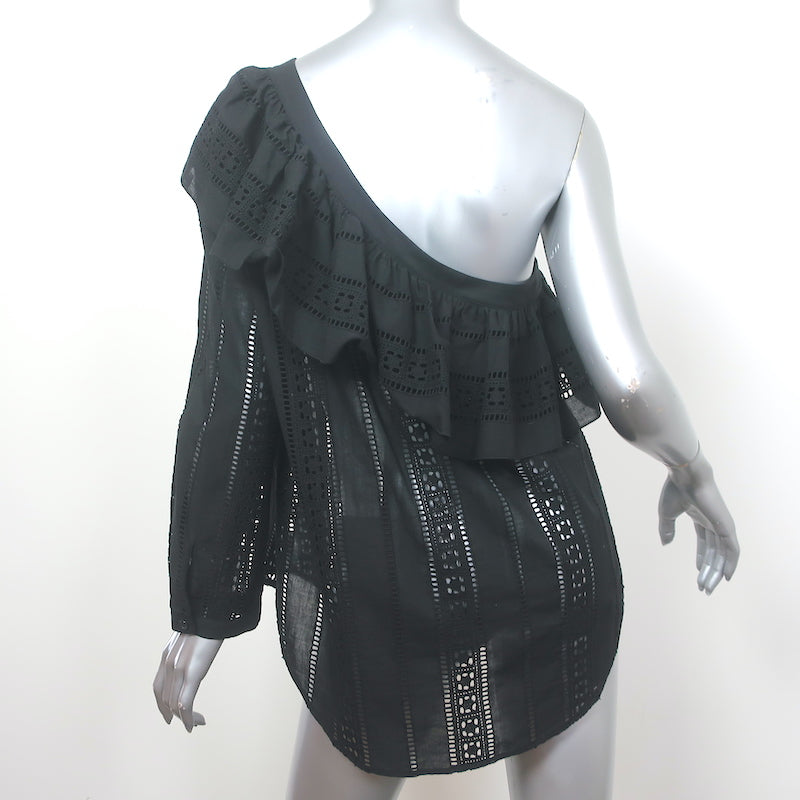 Veronica Beard Ruffled One Shoulder Top Cruz Black Cotton Eyelet Size 12 NEW