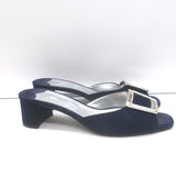 Prada Crystal Buckle Mules Navy Suede Size 38 Low-Heel Open Toe Sandals