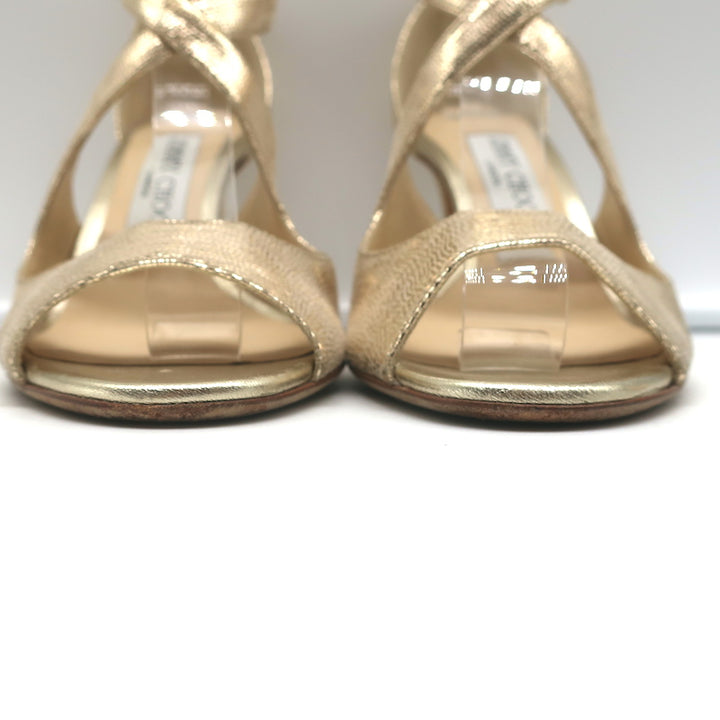 Jimmy Choo Crisscross Sandals Emily Gold Cracked Leather Size 35.5