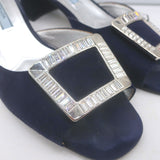 Prada Crystal Buckle Mules Navy Suede Size 38 Low-Heel Open Toe Sandals