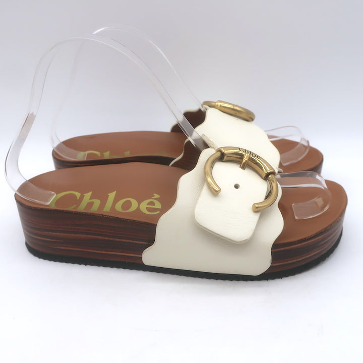 Chloe Lauren Buckled Flatform Slide Sandals Cream Leather Size 36