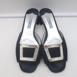 Prada Crystal Buckle Mules Navy Suede Size 38 Low-Heel Open Toe Sandals