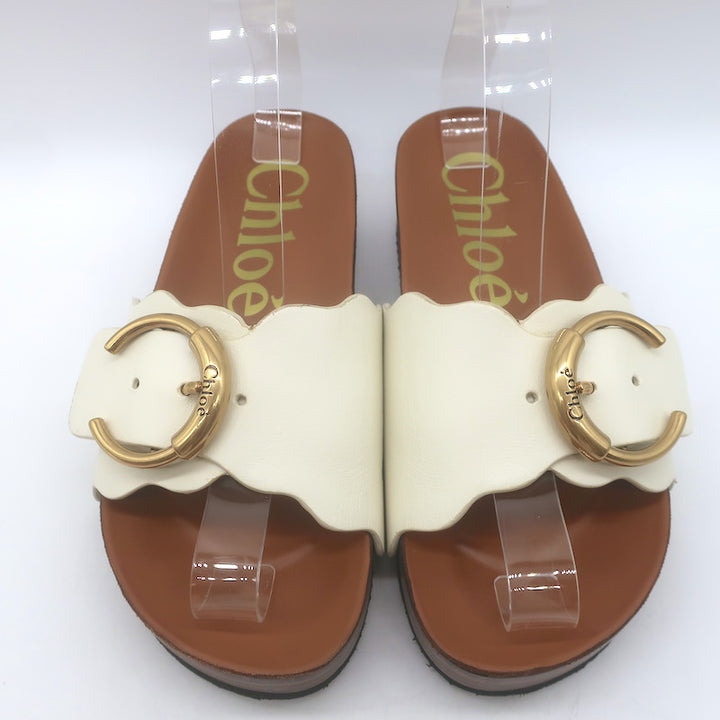 Chloe Lauren Buckled Flatform Slide Sandals Cream Leather Size 36