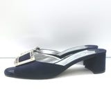 Prada Crystal Buckle Mules Navy Suede Size 38 Low-Heel Open Toe Sandals