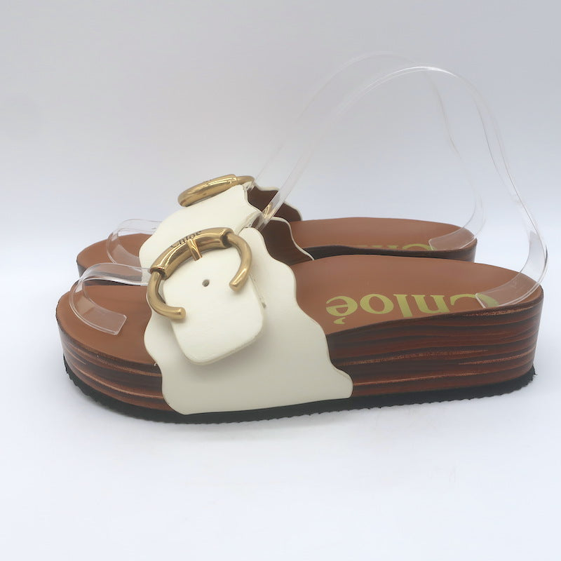 Chloe Lauren Buckled Flatform Slide Sandals Cream Leather Size 36