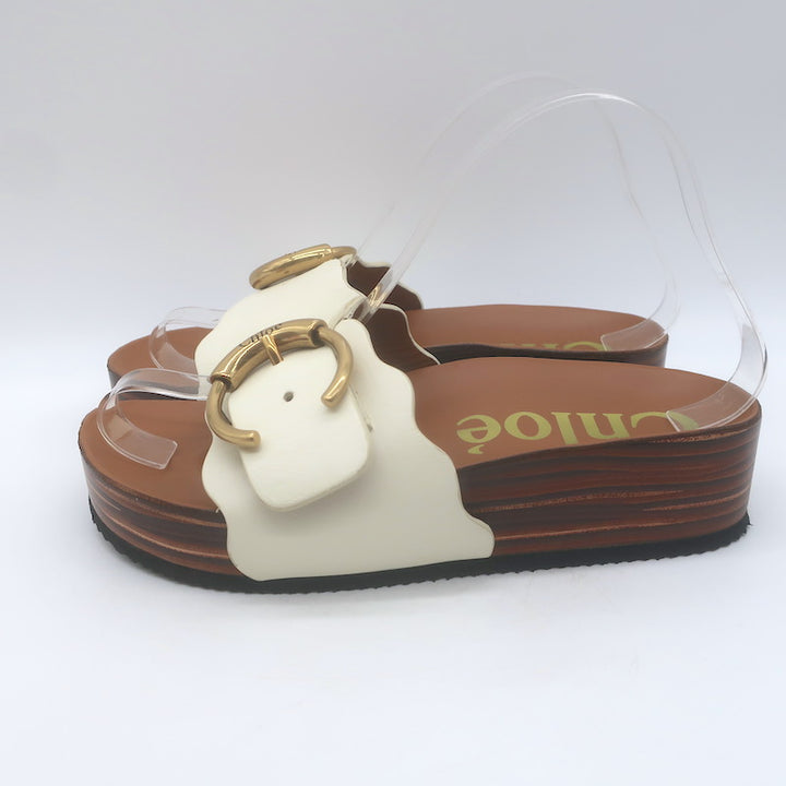 Chloe Lauren Buckled Flatform Slide Sandals Cream Leather Size 36