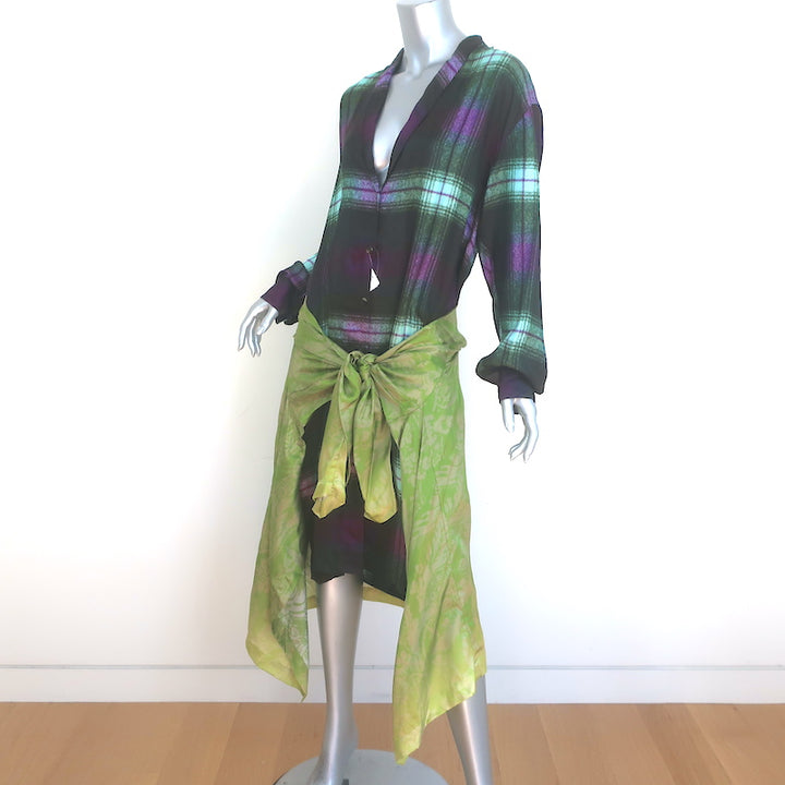 Dries Van Noten Daruno Plaid Layered Shirtdress Purple/Green Satin Size 38 NEW