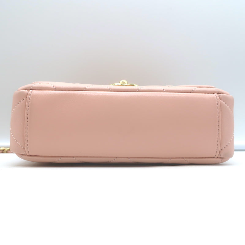 Chanel Pink Mini Flap Bag Lambskin Quilted CC Crystal Logo Chain