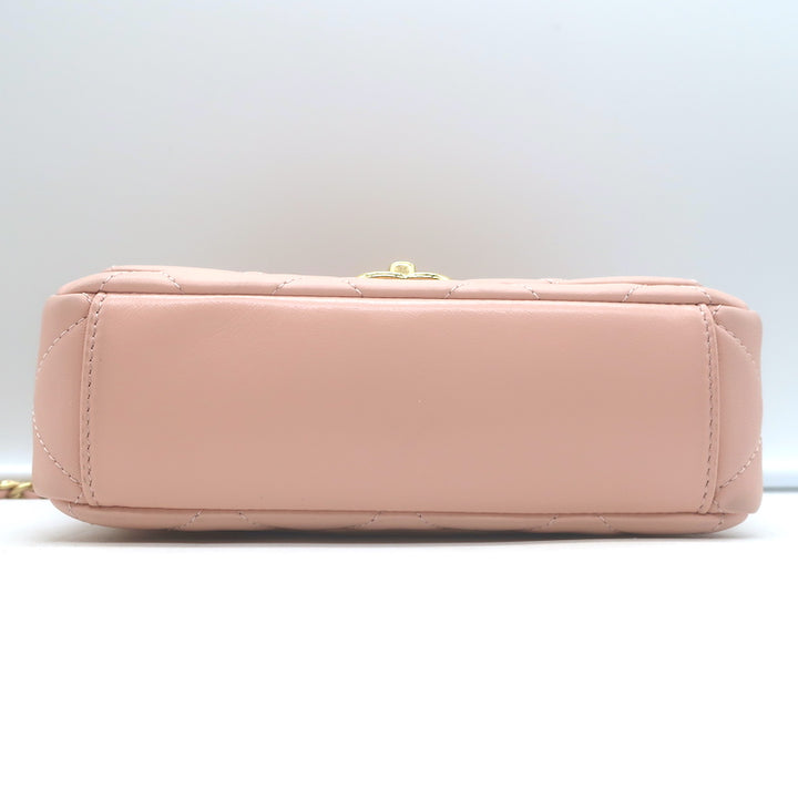 Chanel Pink Mini Flap Bag Lambskin Quilted CC Crystal Logo Chain