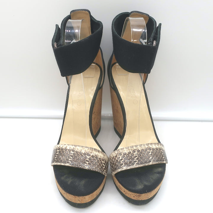 Jimmy Choo Neston Cork Wedge Sandals Snakeskin &amp; Black Leather Size 38.5
