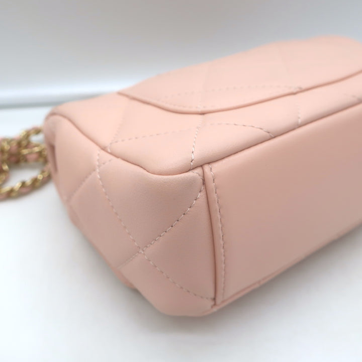 Chanel Pink Mini Flap Bag Lambskin Quilted CC Crystal Logo Chain