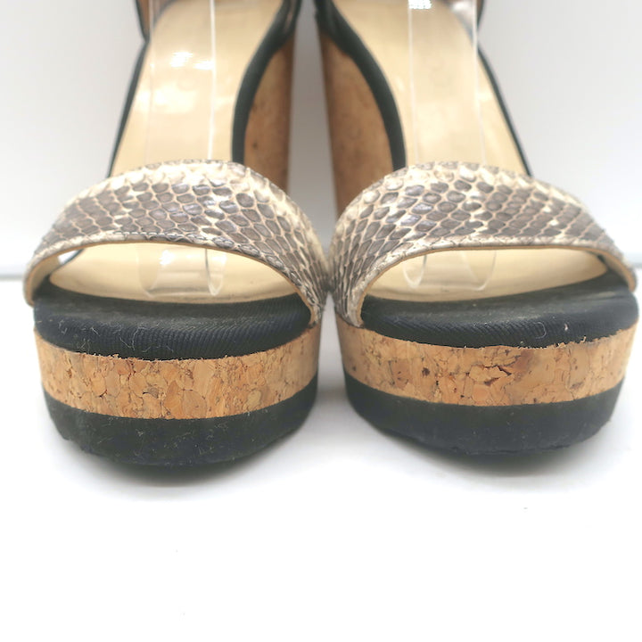Jimmy Choo Neston Cork Wedge Sandals Snakeskin &amp; Black Leather Size 38.5