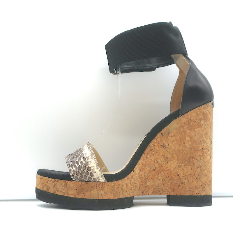Jimmy Choo Neston Cork Wedge Sandals Snakeskin &amp; Black Leather Size 38.5