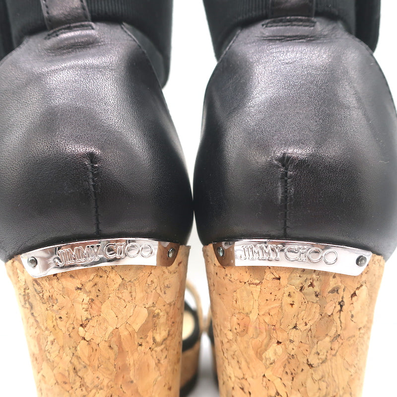 Jimmy Choo Neston Cork Wedge Sandals Snakeskin &amp; Black Leather Size 38.5